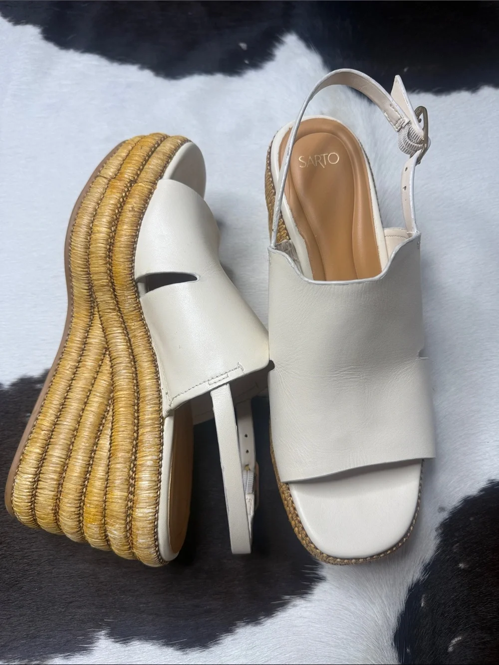 SARTO By Franco Sarto Cream Leather Espadrille Wedge Slingback Sandals